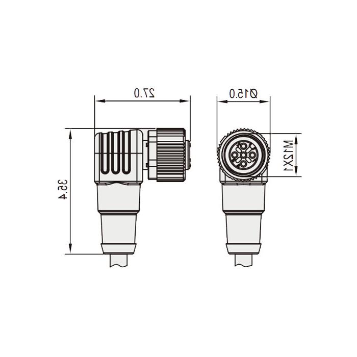 M12 4Pin female 90°, LED light, IP 69K-ECOLAB、食品级、单端预铸PVC非柔性电缆、灰色护套、64E063-XXX